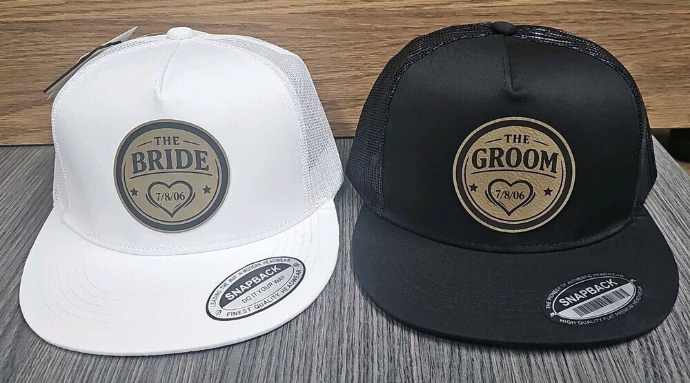 Personalized Bride & Groom Matching Wedding Hats – Custom Date in Heart